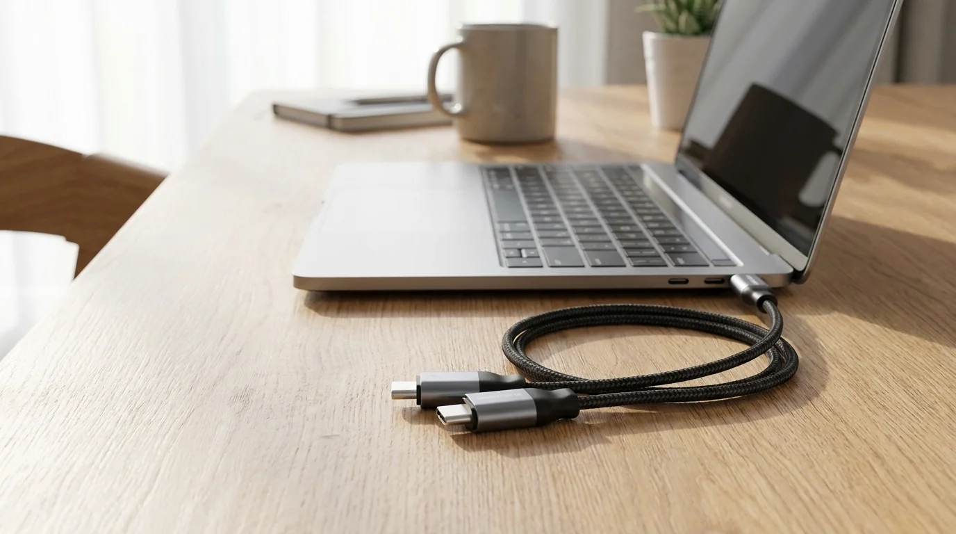 Opletený USB-C rozbočovač Swissten zapojený do notebooku na dřevěném stole.