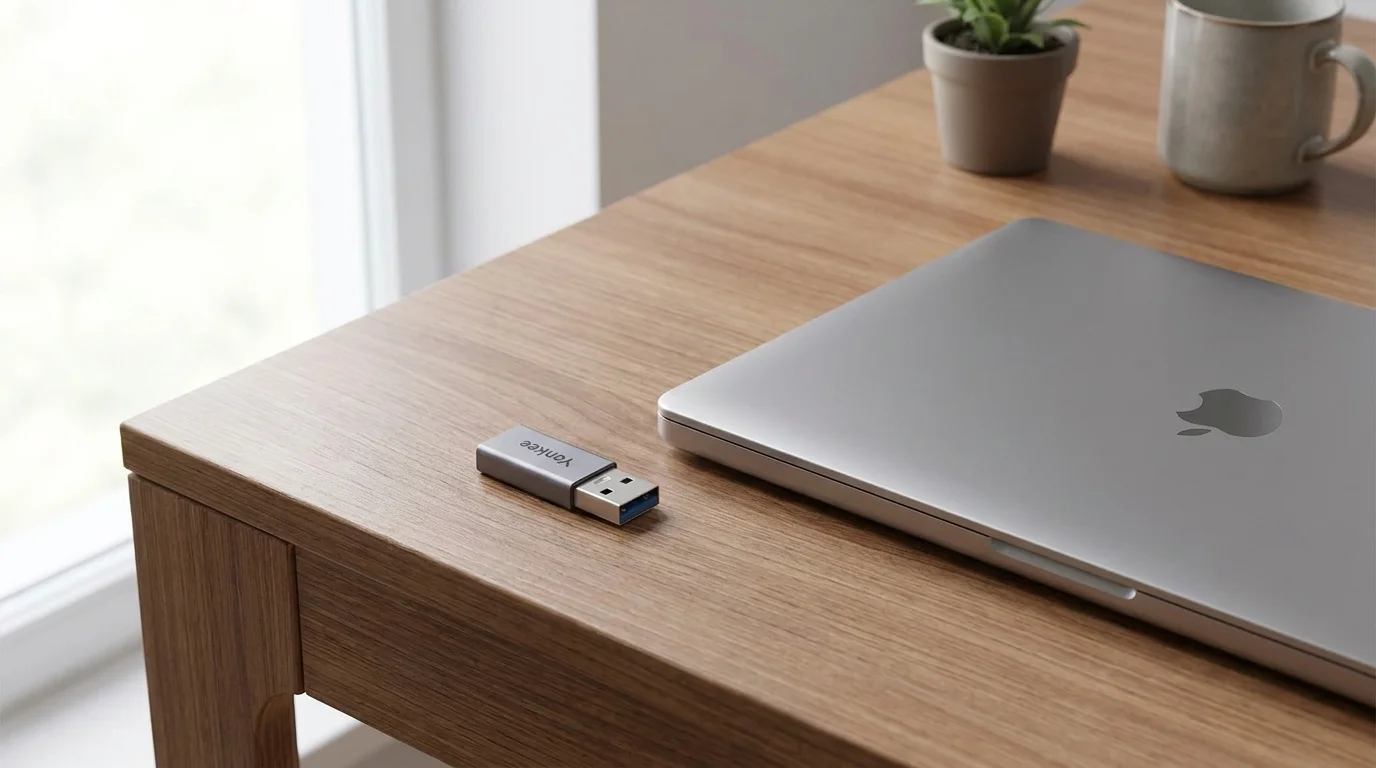 Sivý adaptér Yenkee USB-A na USB-C položený na drevenom stole vedľa zatvoreného notebooku.