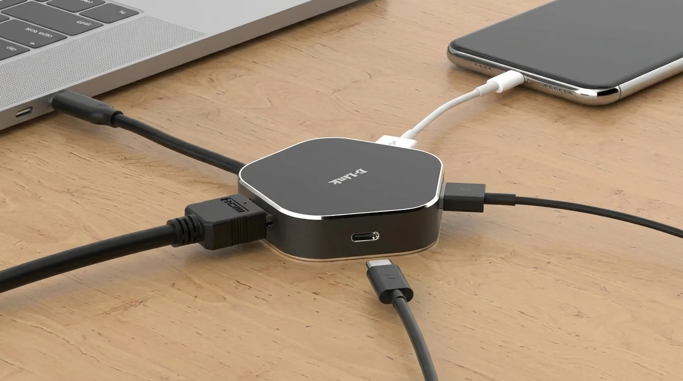 USB hub D-Link DUB-M420 na dřevěném stole propojený pomocí kabelů s notebookem, chytrým telefonem a periferiemi.
