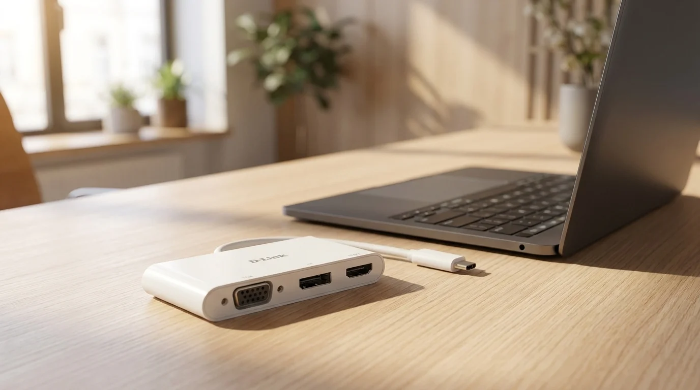 Bílý USB-C adaptér D-Link DUB-V310 s porty VGA, DisplayPort a HDMI na dřevěném stole vedle notebooku.