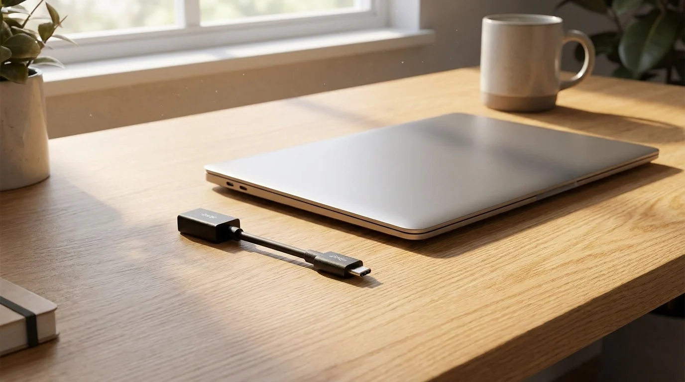 Čierny adaptér Yenkee YTC 022 USB-A na USB-C ležiaci na drevenom stole vedľa zatvoreného strieborného notebooku.