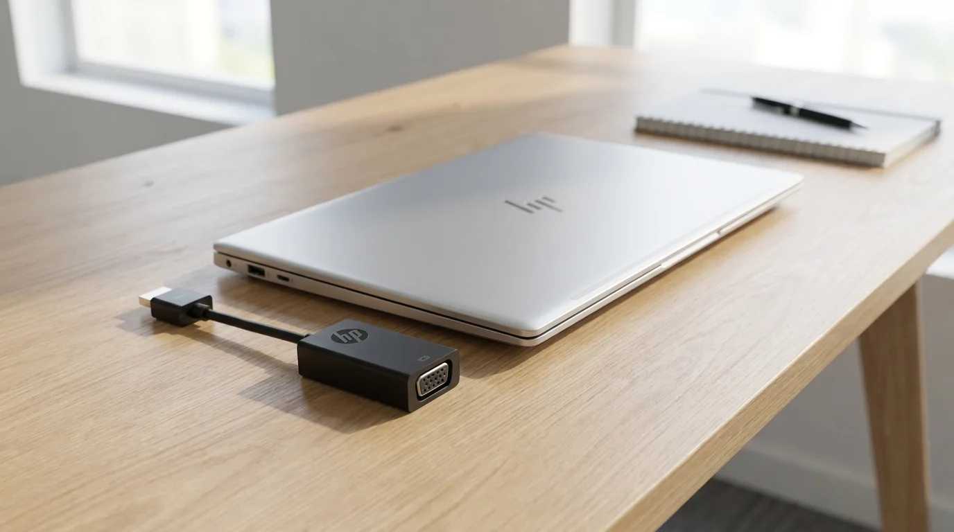 Černý adaptér HP HDMI na VGA položený na dřevěném stole vedle zavřeného stříbrného notebooku.