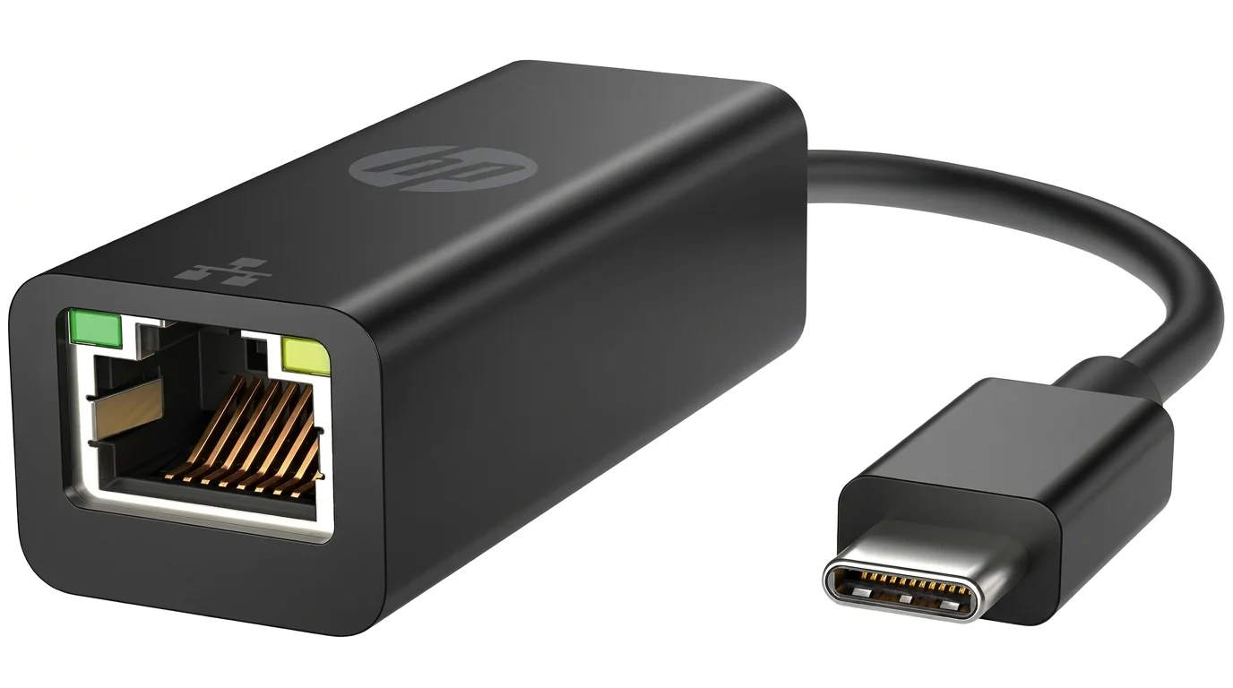 Černý adaptér HP z USB-C na síťový port RJ-45 s krátkým kabelem a LED indikátory.