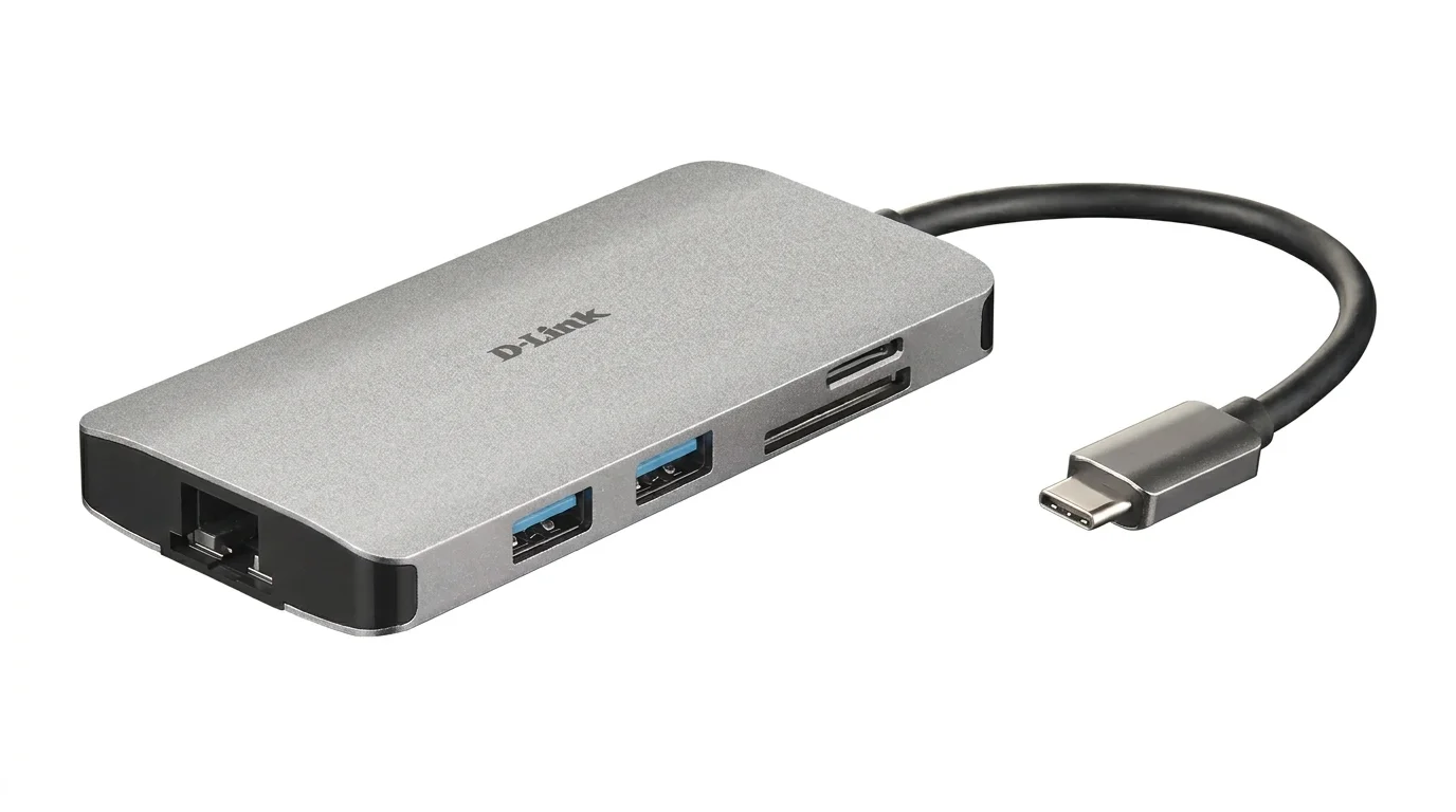 Šedý USB-C hub D-Link DUB-M810 s integrovaným kabelem, ethernetovým portem RJ-45, dvěma USB porty a sloty na paměťové karty.