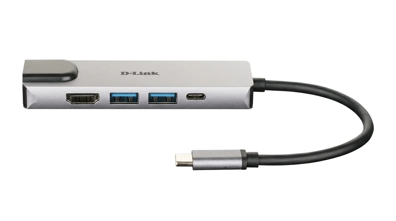 Stříbrný USB hub D-Link DUB-M520 s porty HDMI, dvěma USB-A, USB-C a integrovaným kabelem s konektorem USB-C.