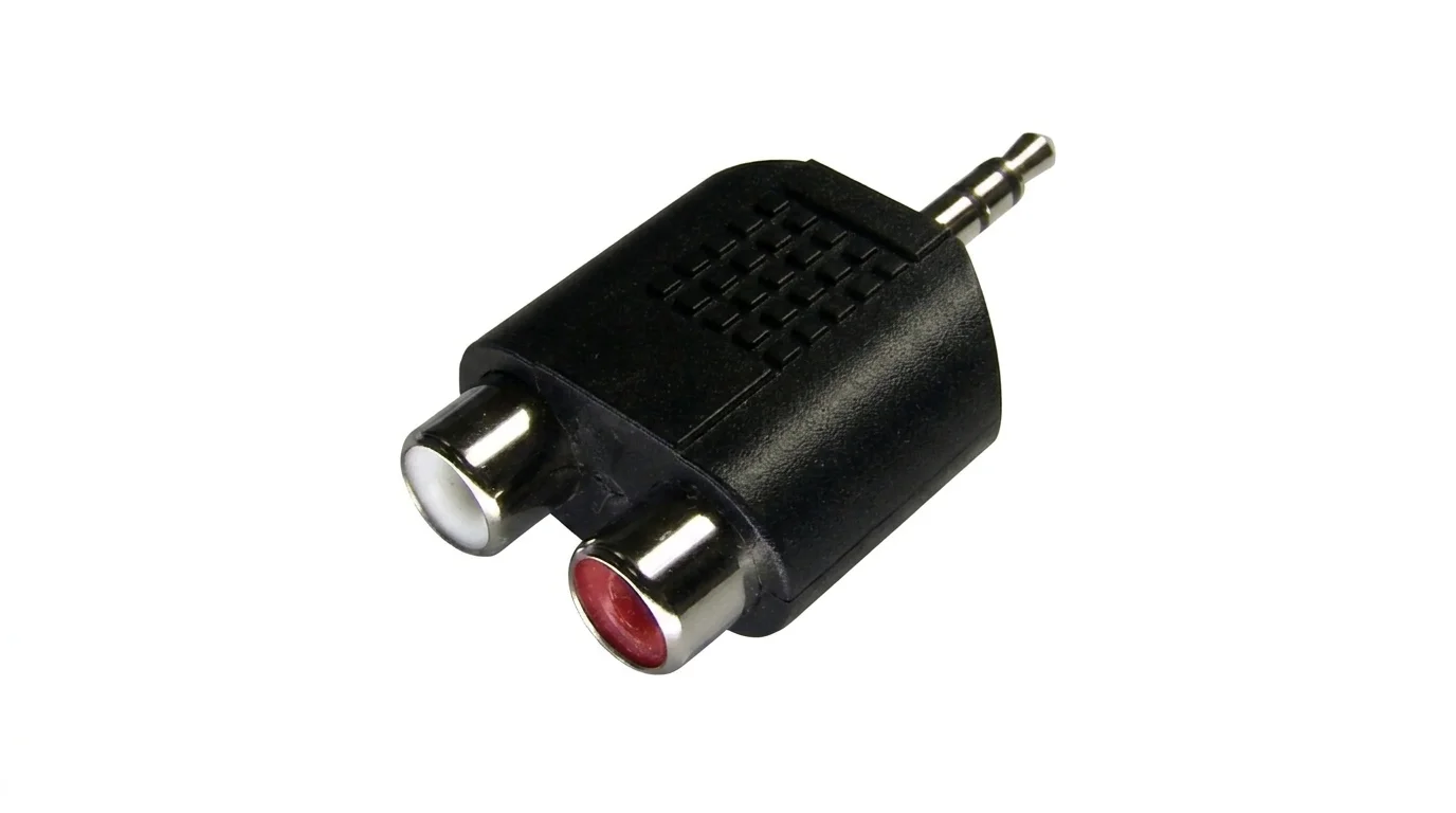Černý audio adaptér Sencor s konektorem 3,5 mm jack a dvěma RCA zásuvkami v bílém a červeném provedení.