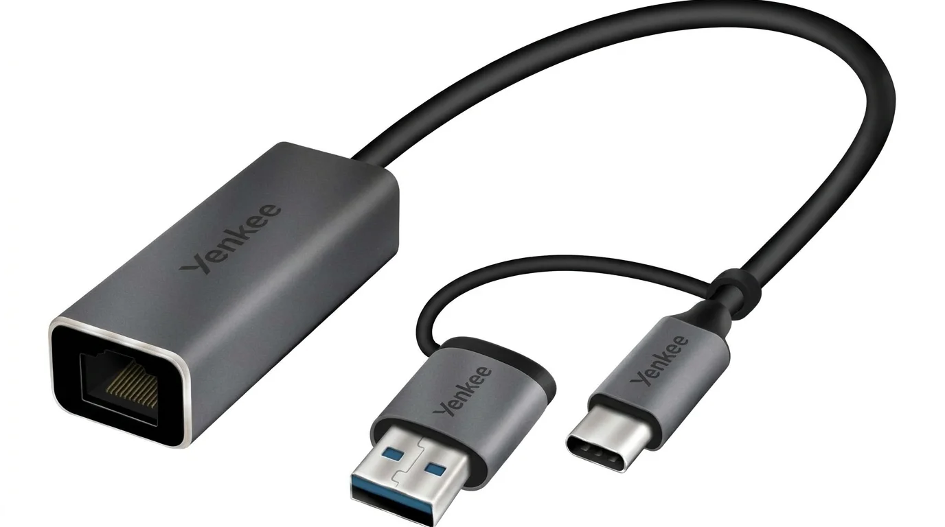 Adaptér Yenkee s ethernetovým portom RJ-45 a konektormi USB-C a USB-A na čiernom kábli.