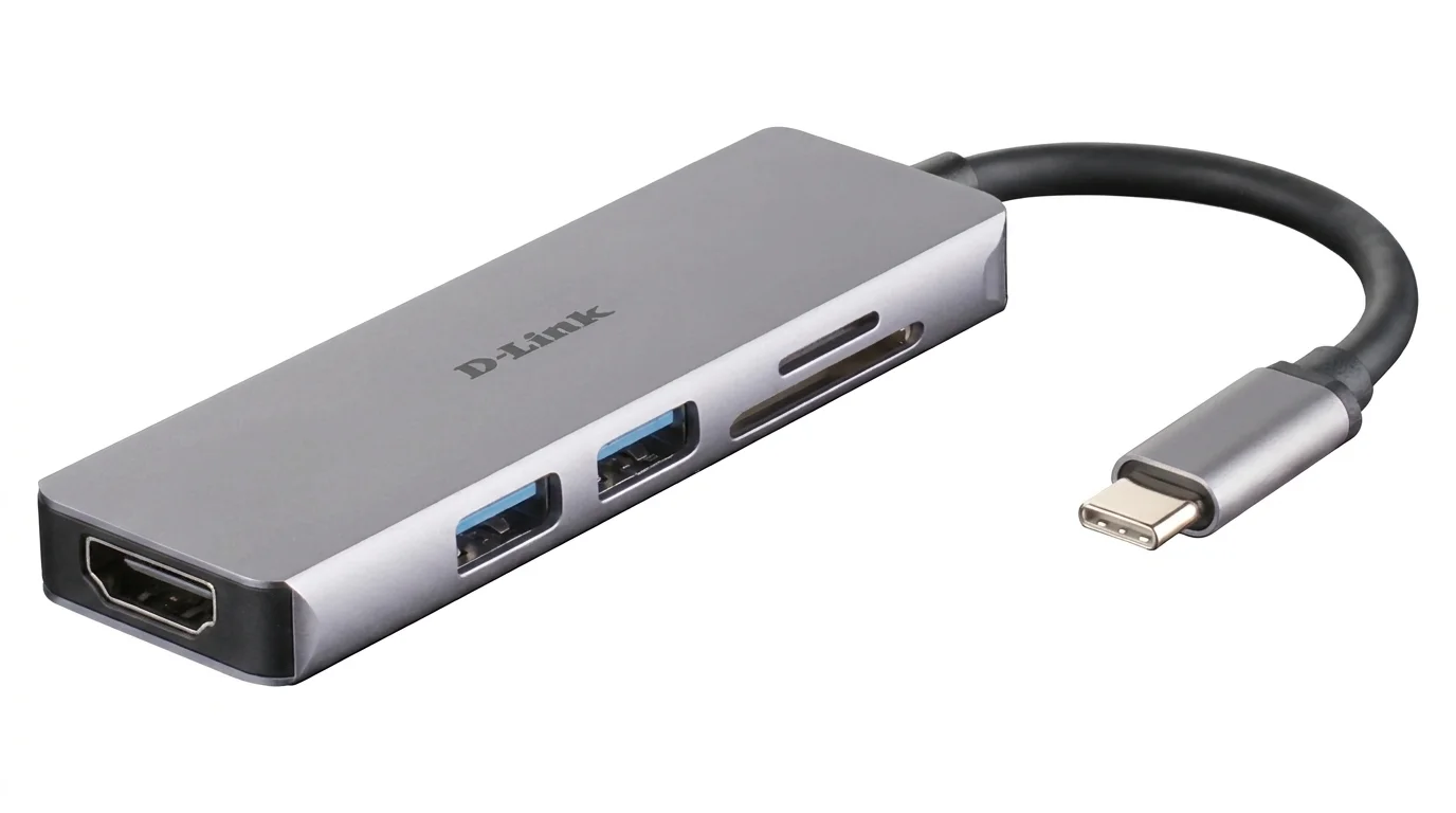 Šedý USB hub D-Link DUB-M530 s kabelem USB-C, portem HDMI, dvěma USB porty a sloty na paměťové karty SD a microSD.