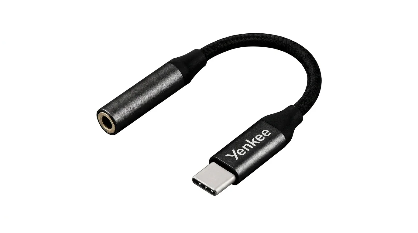 Redukcia Yenkee s konektorom USB-C, 3,5 mm jack portom a krátkym čiernym opleteným káblom.