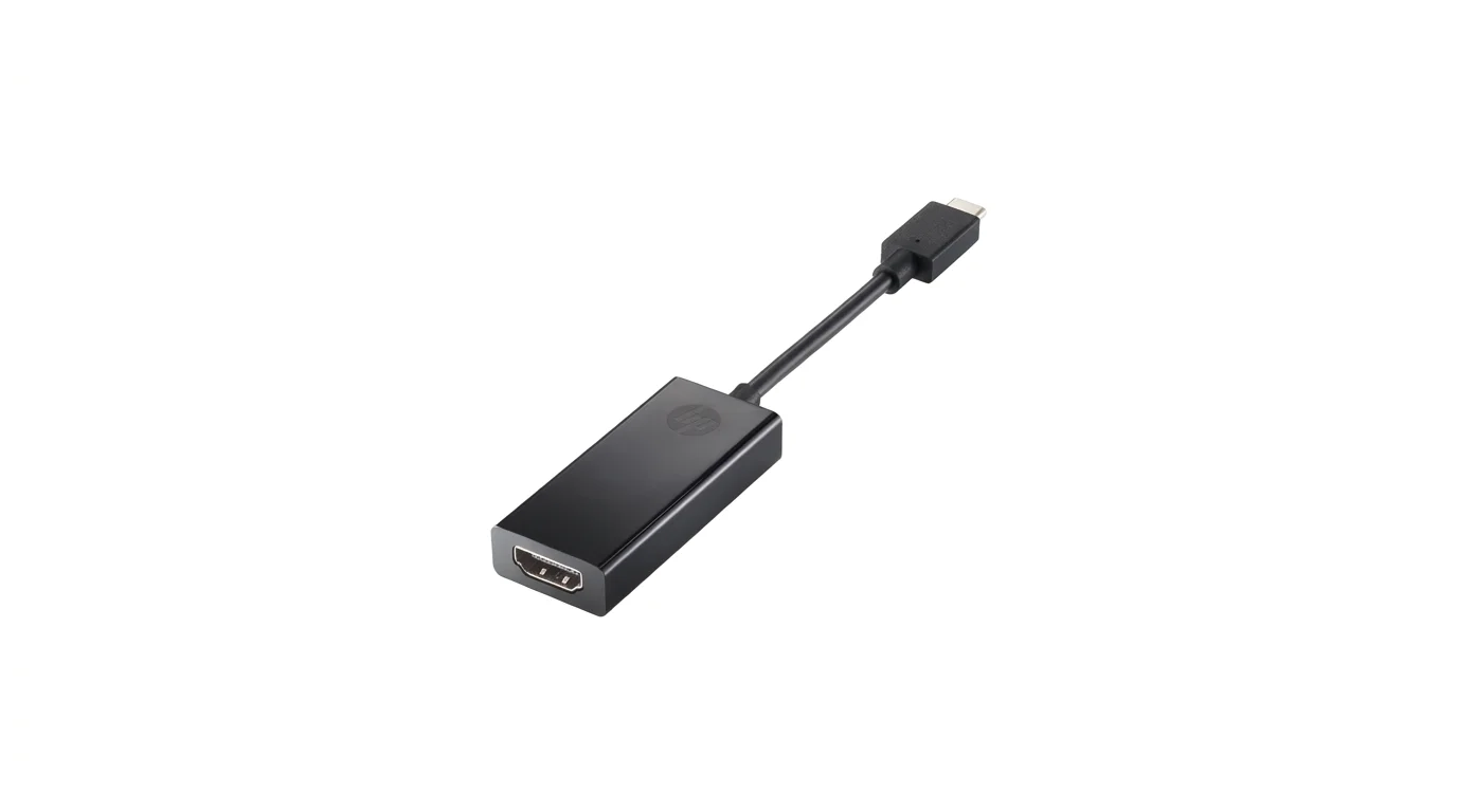 Černý adaptér HP Pavilion s kabelem zakončeným konektorem USB-C a tělem s portem HDMI.