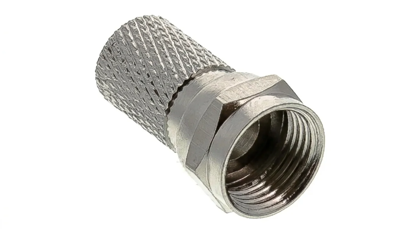 Kovový šroubovací F konektor Sencor SAV 132-000 pro koaxiální kabely s vnitřním závitem a vroubkovaným tělem.