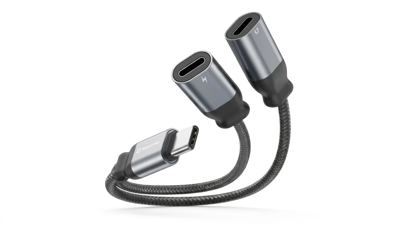Rozbočovací adaptér Swissten s konektorem USB-C a dvěma porty USB-C se symboly pro sluchátka a nabíjení.