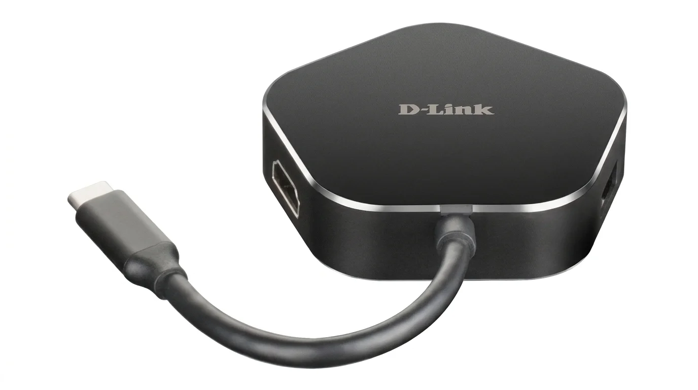 Černý víceportový USB-C hub D-Link DUB-M420 s integrovaným kabelem a bočním portem HDMI.