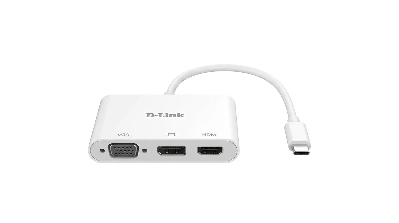 Bílý adaptér D-Link DUB-V310 s kabelem USB-C a výstupními porty VGA, DisplayPort a HDMI.