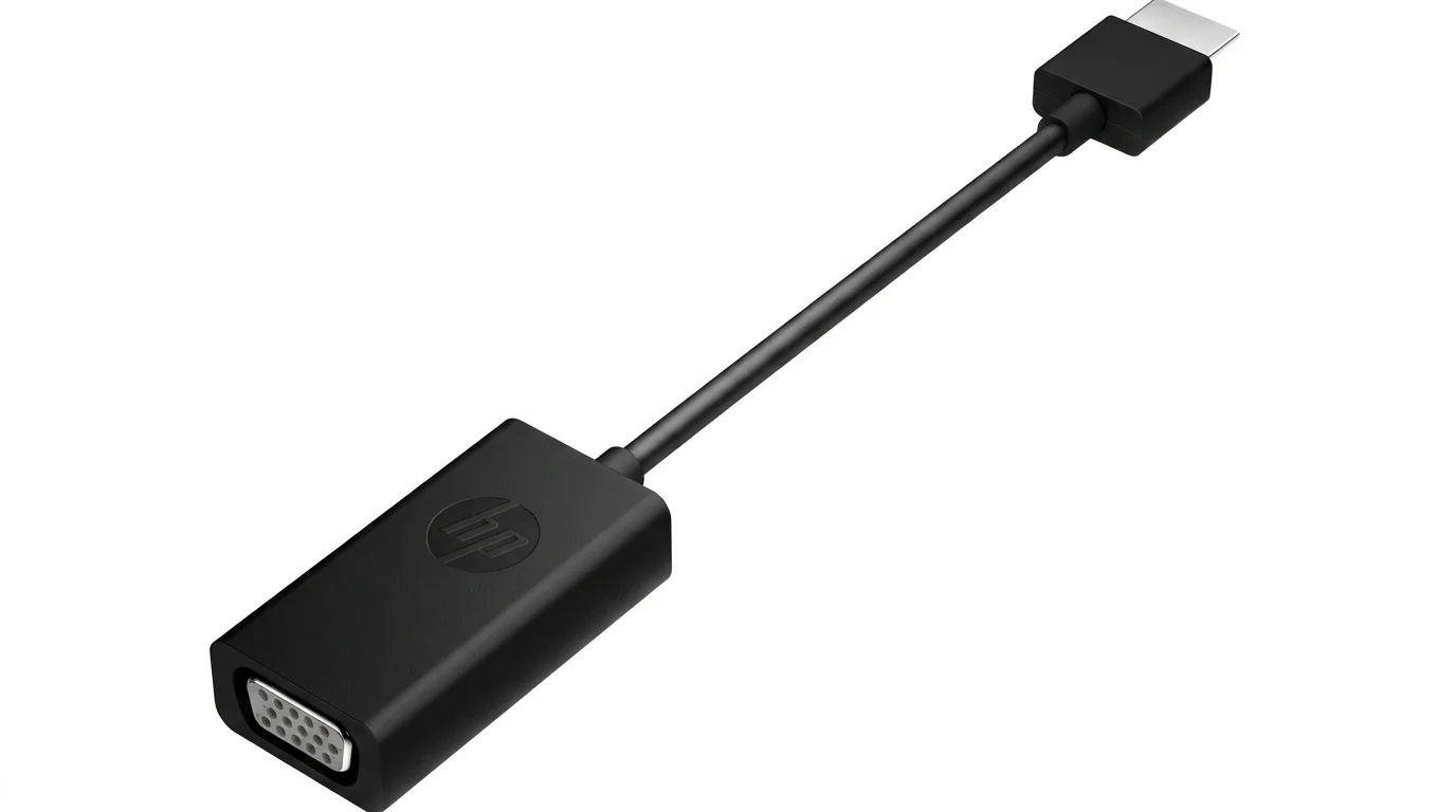 Černý kabelový adaptér HP s konektorem HDMI na jednom konci a portem VGA na druhém.