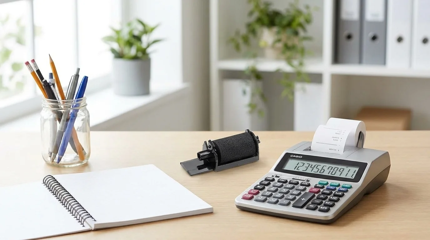 Barvicí váleček Casio IR 40 položený na pracovním stole vedle tiskové kalkulačky Casio a poznámkového bloku.