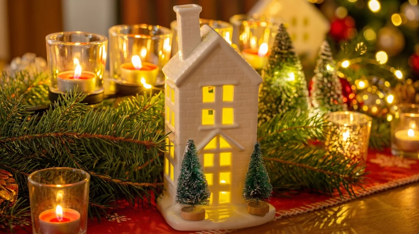 Svietiaci biely porcelánový domček Retlux s dvoma malými stromčekmi na sviatočne vyzdobenom stole medzi čečinou a sviečkami.