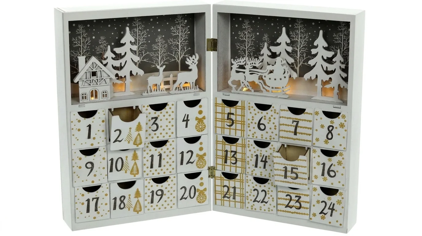 Bílý rozevírací adventní kalendář Retlux RXL 440 s 24 očíslovanými šuplíky a osvětlenou zimní scenérií.