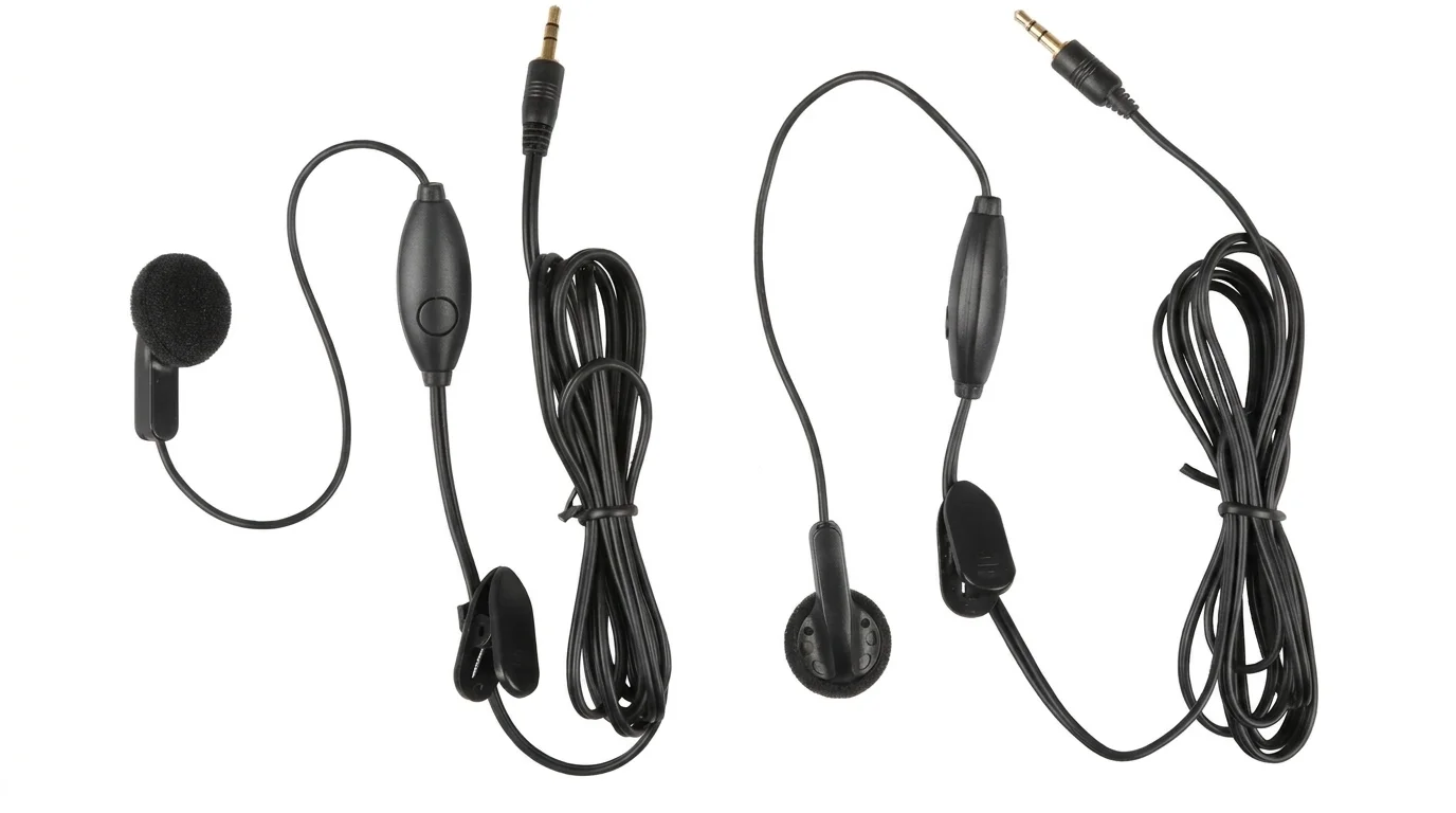 Dvě černá handsfree sluchátka k vysílačkám Sencor s kabelem, mikrofonem, klipem a 2,5mm audio konektorem.
