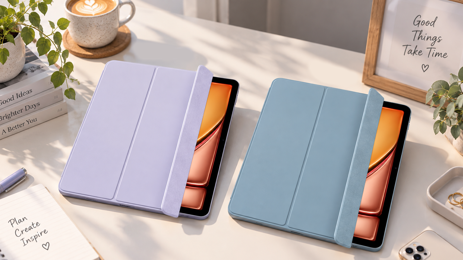 Dva tablety iPad v denimově modrém a fialovém pouzdře Apple Smart Folio na stole s mírně odklopeným předním krytem.