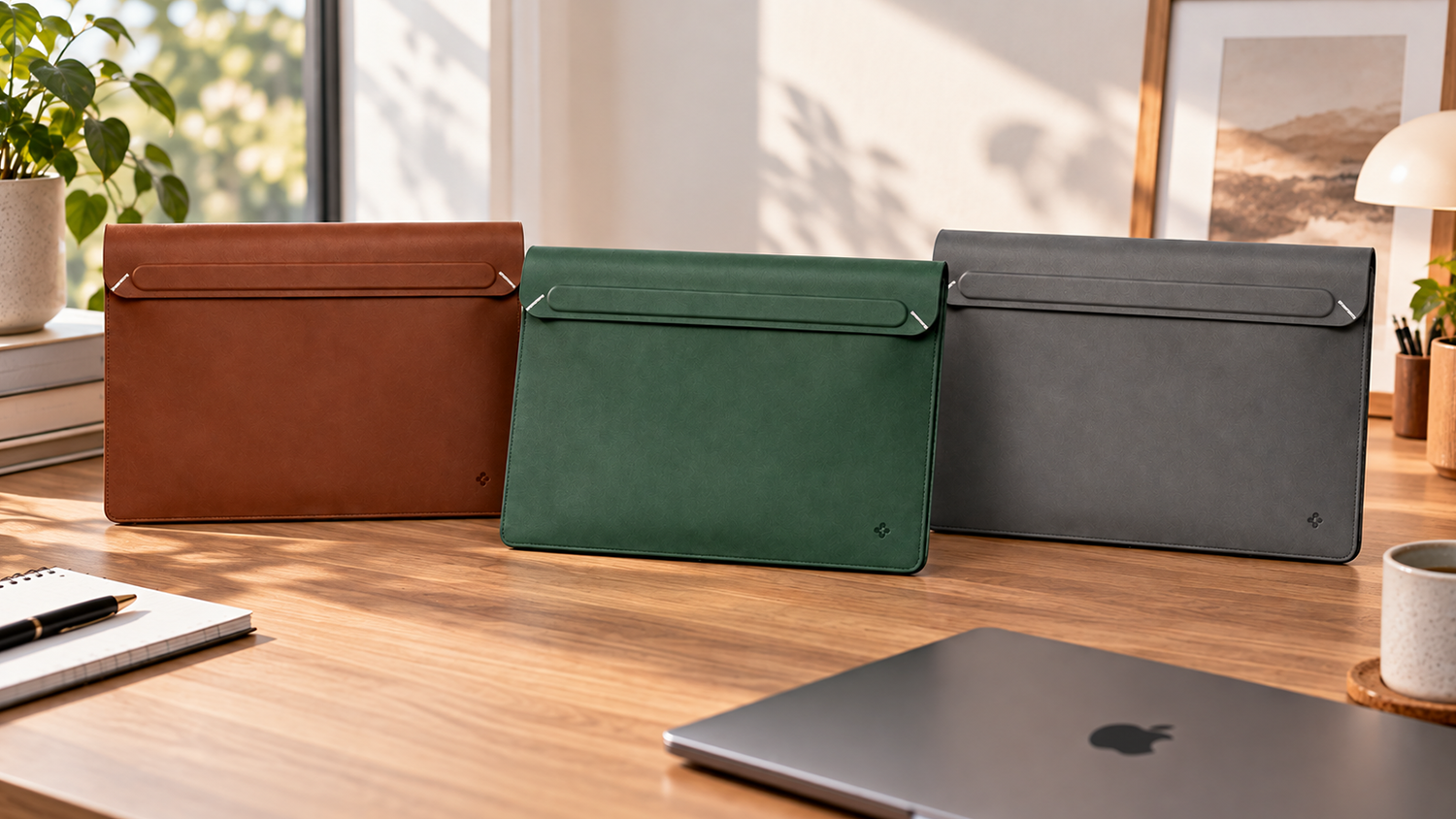Pouzdra na notebook Spigen Valentinus S v hnědém, zeleném a šedém provedení postavená na stole vedle notebooku.