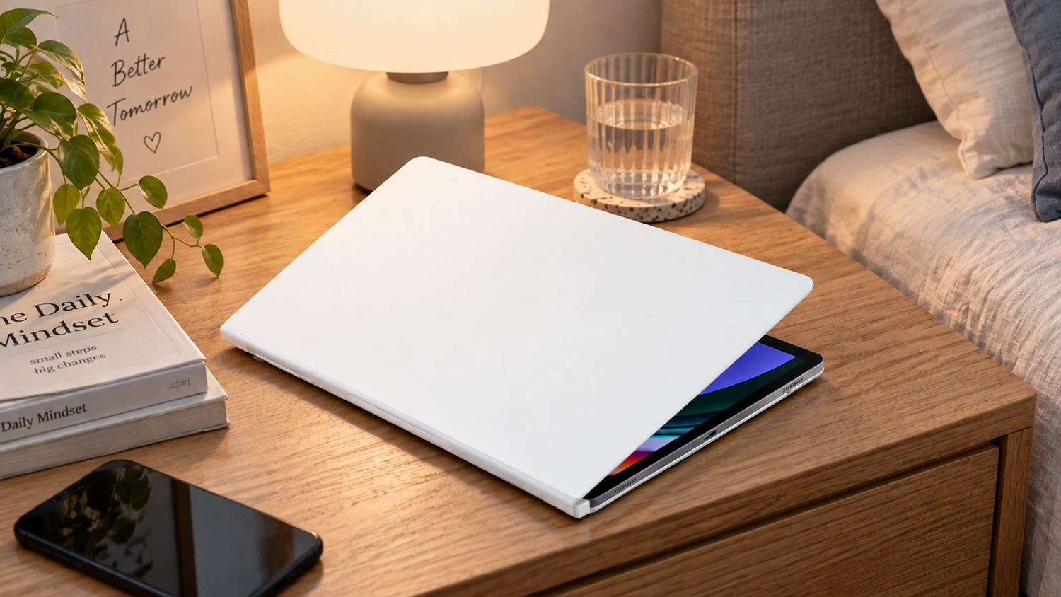 Bílé pouzdro pro tablet Samsung ležící na dřevěném stolku s mírně pootevřenou přední částí odhalující displej.