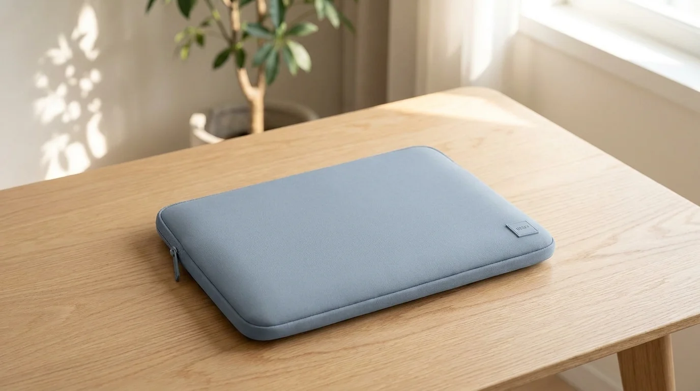 Světle modré pouzdro na notebook UNIQ Cyprus položené na světlém dřevěném stole.