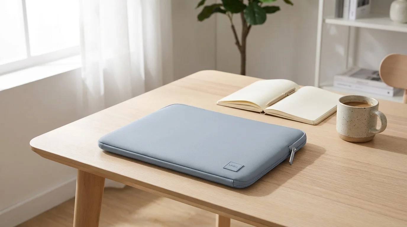 Světle modré pouzdro na notebook UNIQ Cyprus leží na dřevěném stole vedle otevřeného zápisníku a hrnku.