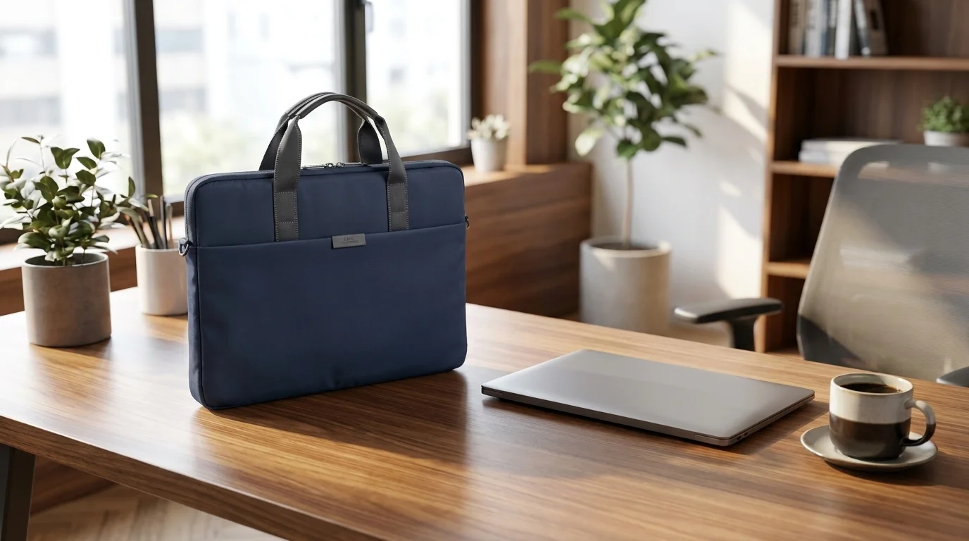 Modrá brašna na notebook UNIQ Stockholm stojí na dřevěném stole vedle zavřeného notebooku a šálku kávy.