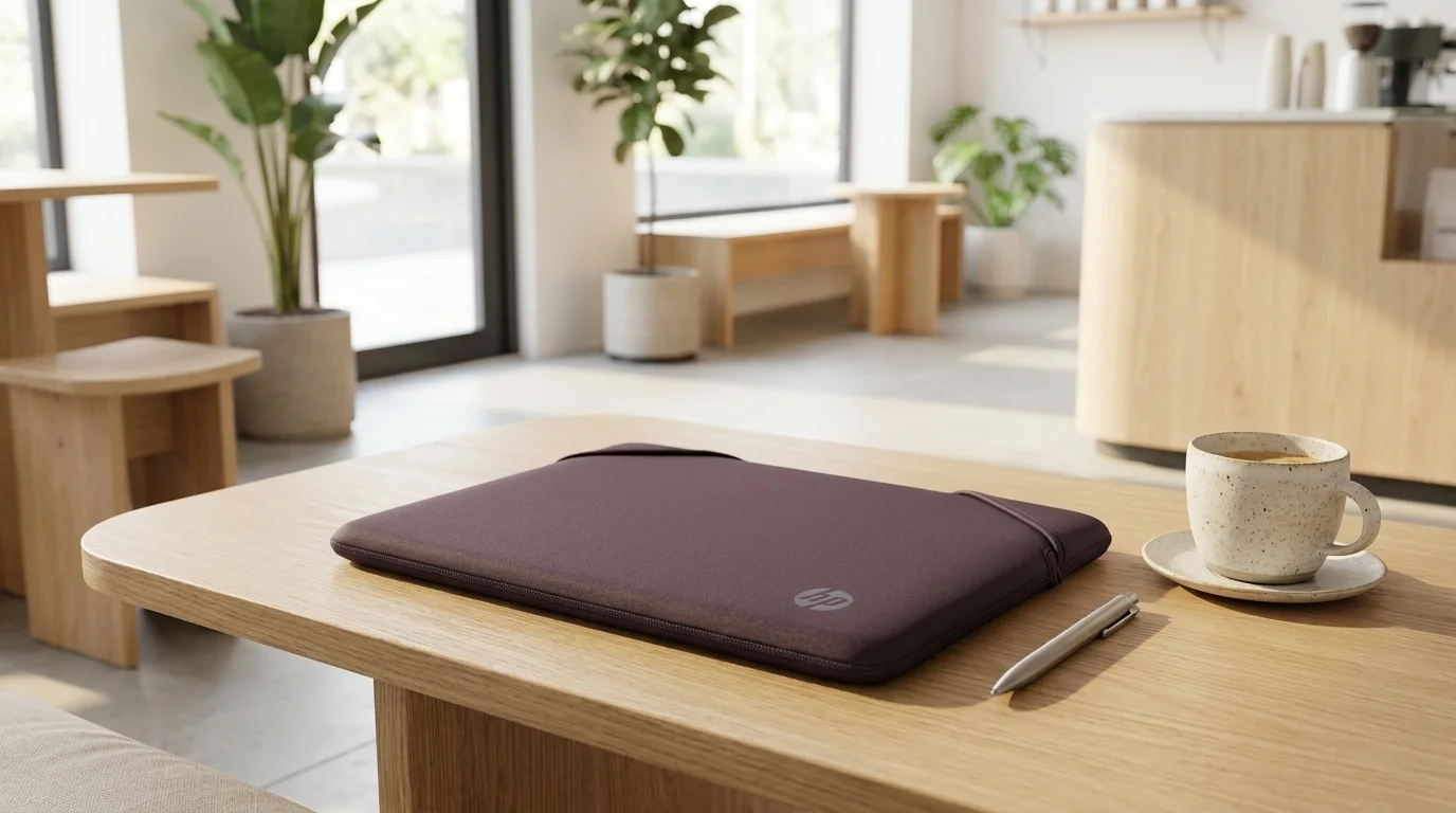 Fialové puzdro na notebook HP položené na drevenom stole vedľa pera a šálky kávy.