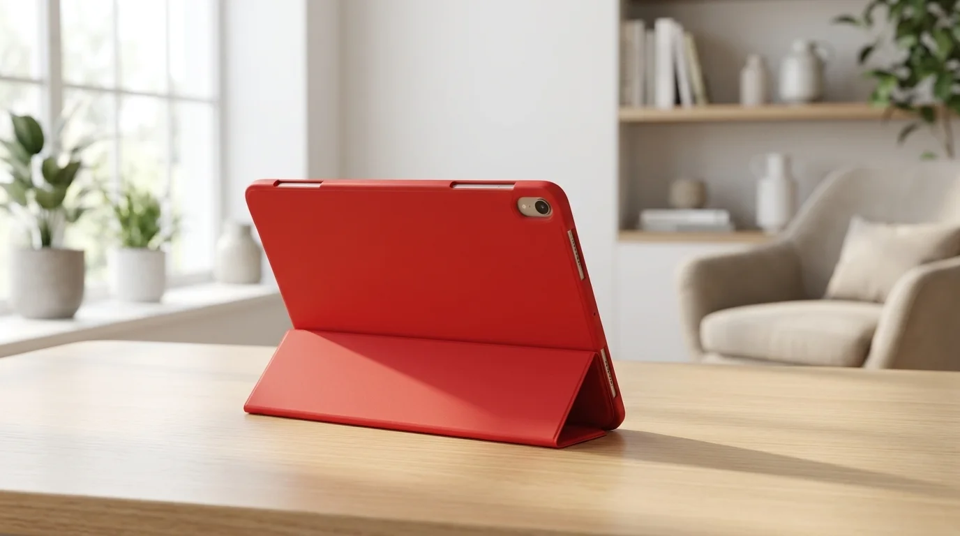 Červené pouzdro Fixed Padcover pro iPad Pro 13" složené do polohy stojánku na dřevěném stole.