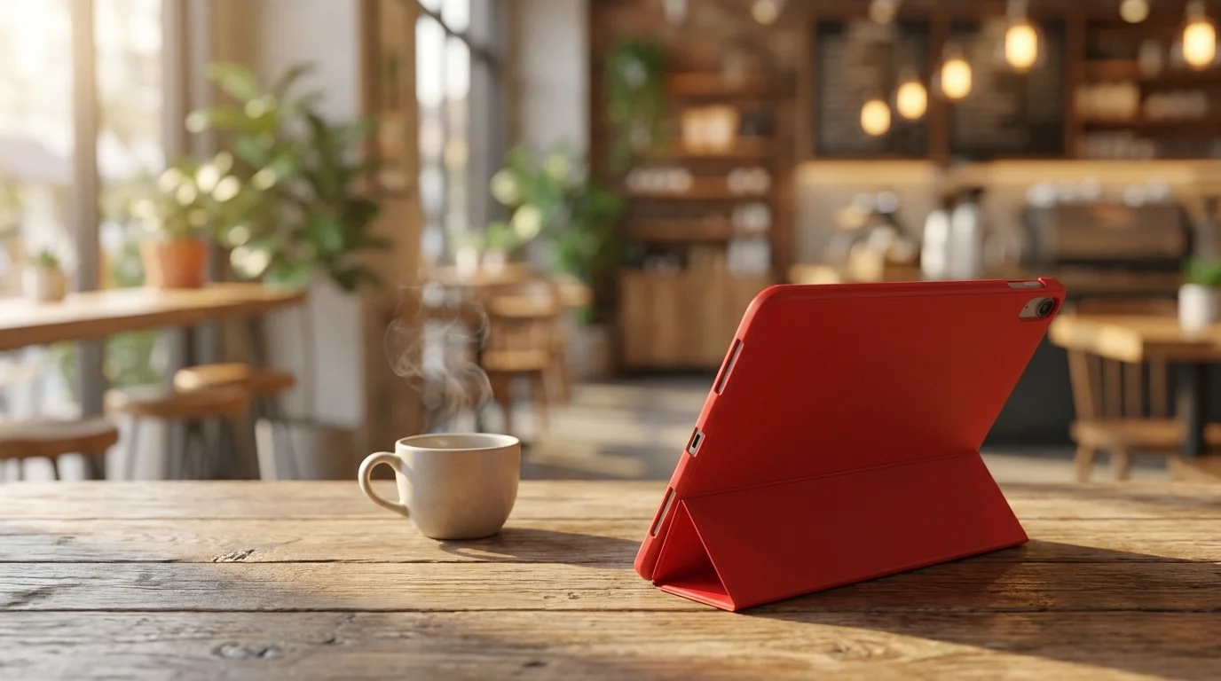 Červené pouzdro Fixed Padcover pro iPad složené do stojánku na dřevěném stole vedle šálku kávy.