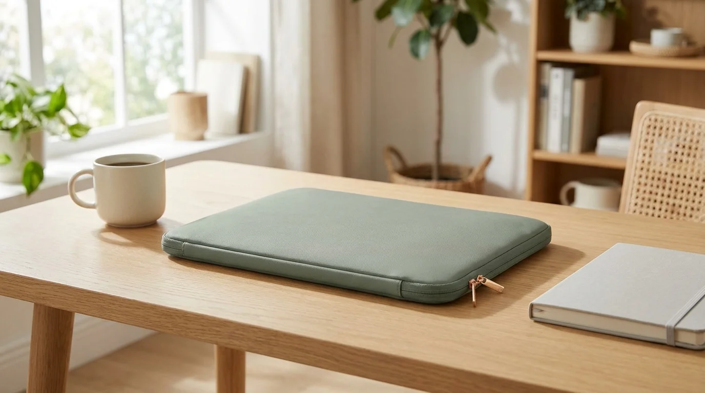 Zelené pouzdro na notebook UNIQ Vienna leží na dřevěném stole vedle hrnku s kávou a zápisníku.