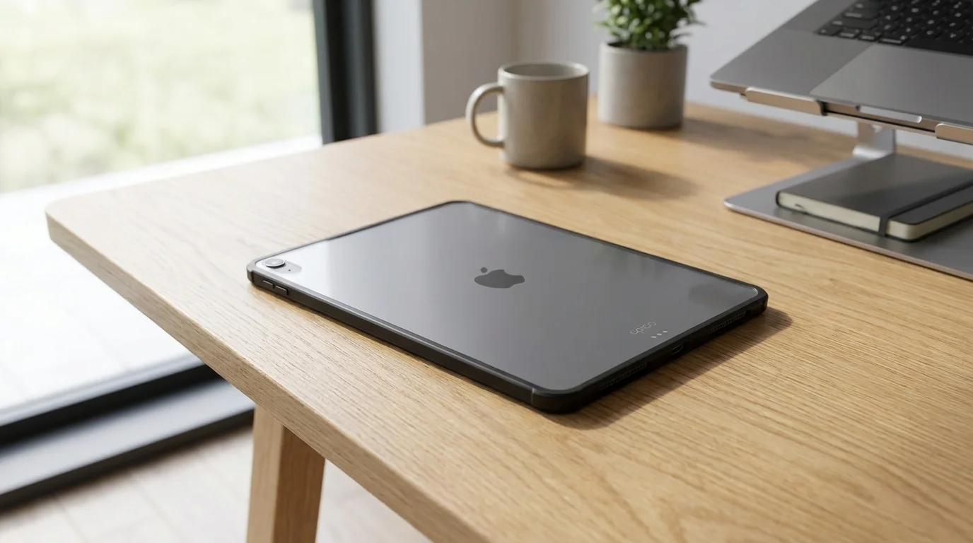 Tablet Apple iPad v průhledném ochranném pouzdře Epico Hero položený na dřevěném stole.