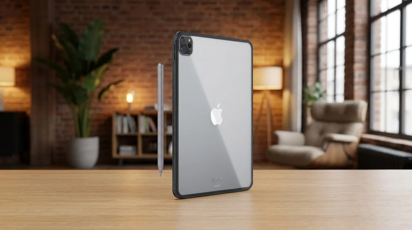 Průhledné pouzdro Epico Hero nasazené na tabletu Apple iPad stojícím na dřevěném stole vedle stylusu.