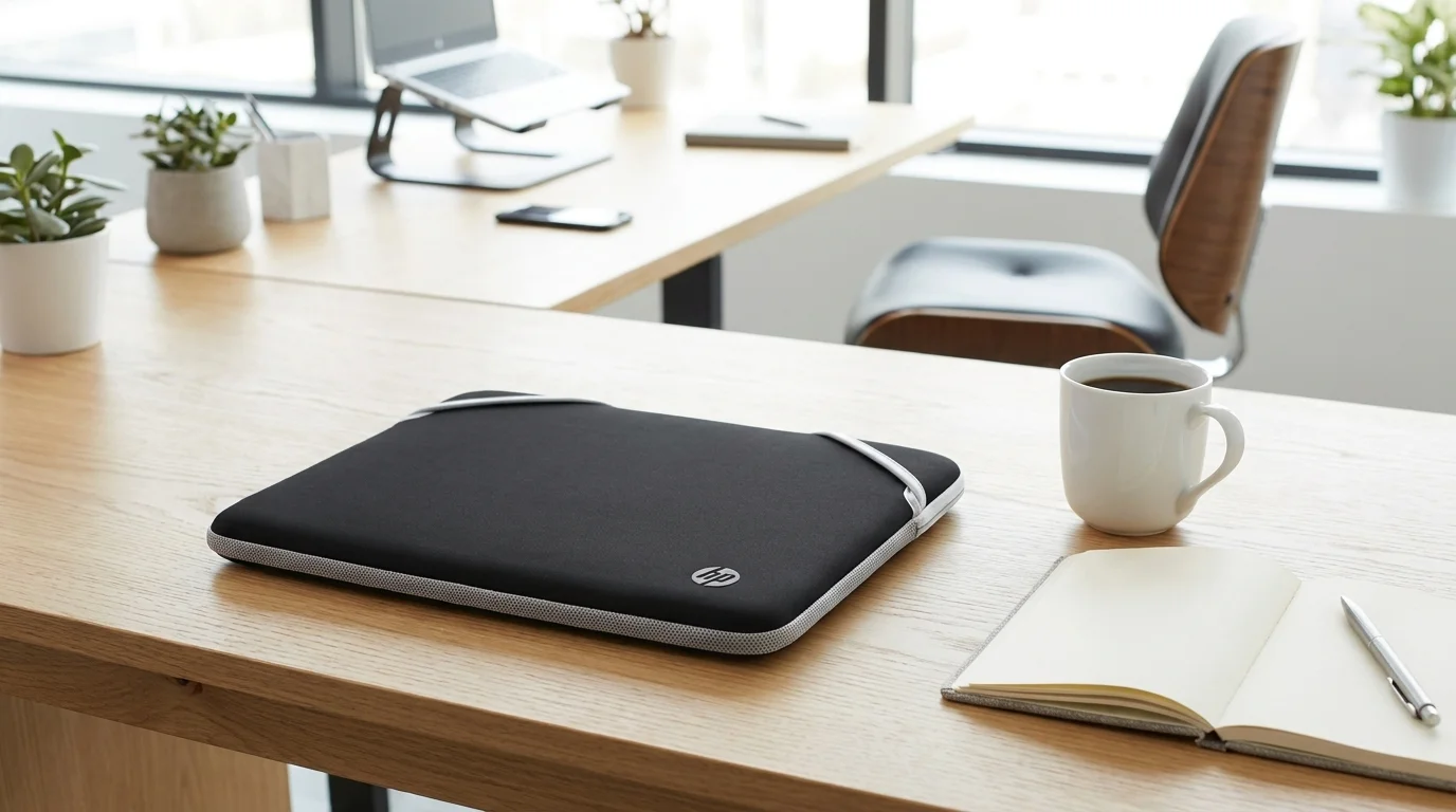 Černé neoprenové pouzdro na notebook HP ležící na dřevěném pracovním stole vedle hrnku kávy a zápisníku.