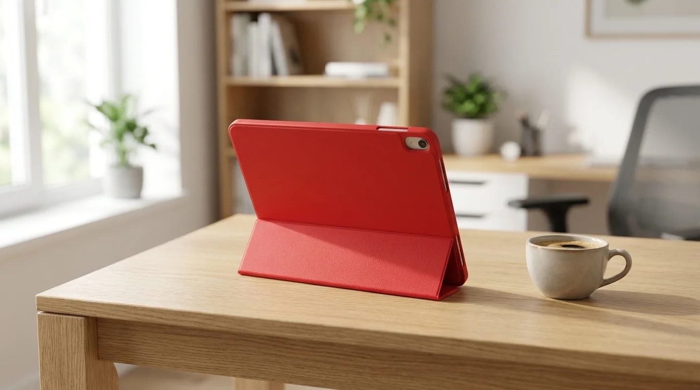 Červené pouzdro Fixed Padcover pro iPad složené do polohy stojánku na dřevěném stole vedle šálku kávy.