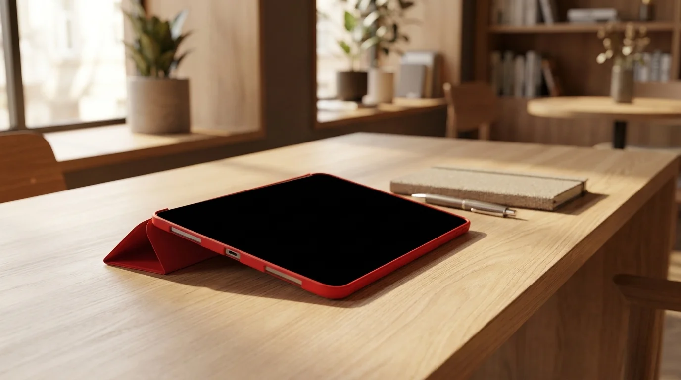 Tablet v červeném pouzdru Fixed Padcover složeném do polohy nízkého stojánku na dřevěném stole.