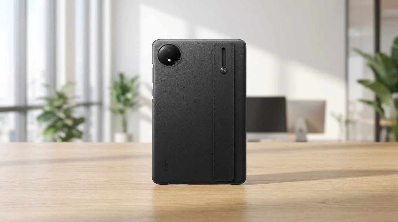 Černé pouzdro pro tablet Xiaomi Redmi Pad SE 8.7 se zadním páskem na ruku postavené na dřevěném stole.