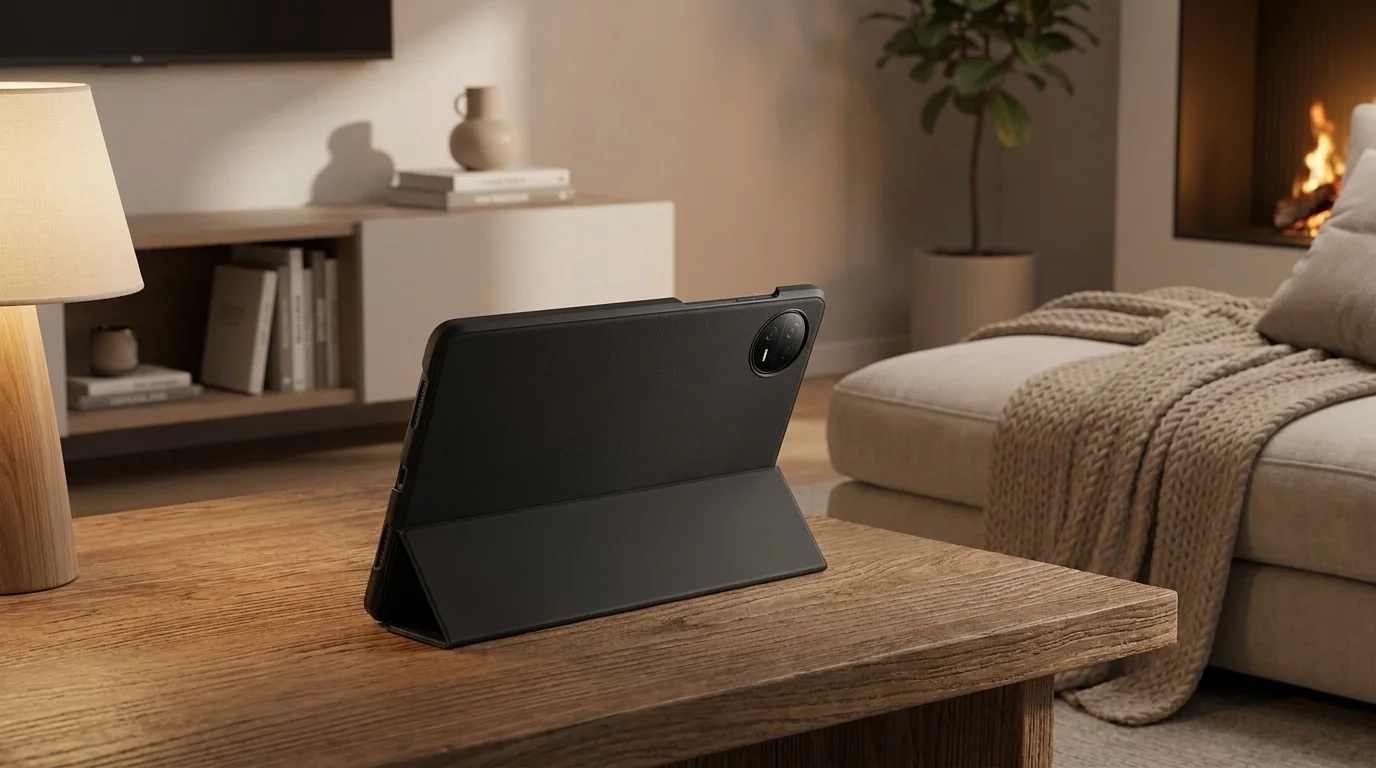Černé pouzdro na tablet Xiaomi Redmi Pad SE 8.7 postavené na dřevěném stole pomocí integrovaného stojánku.