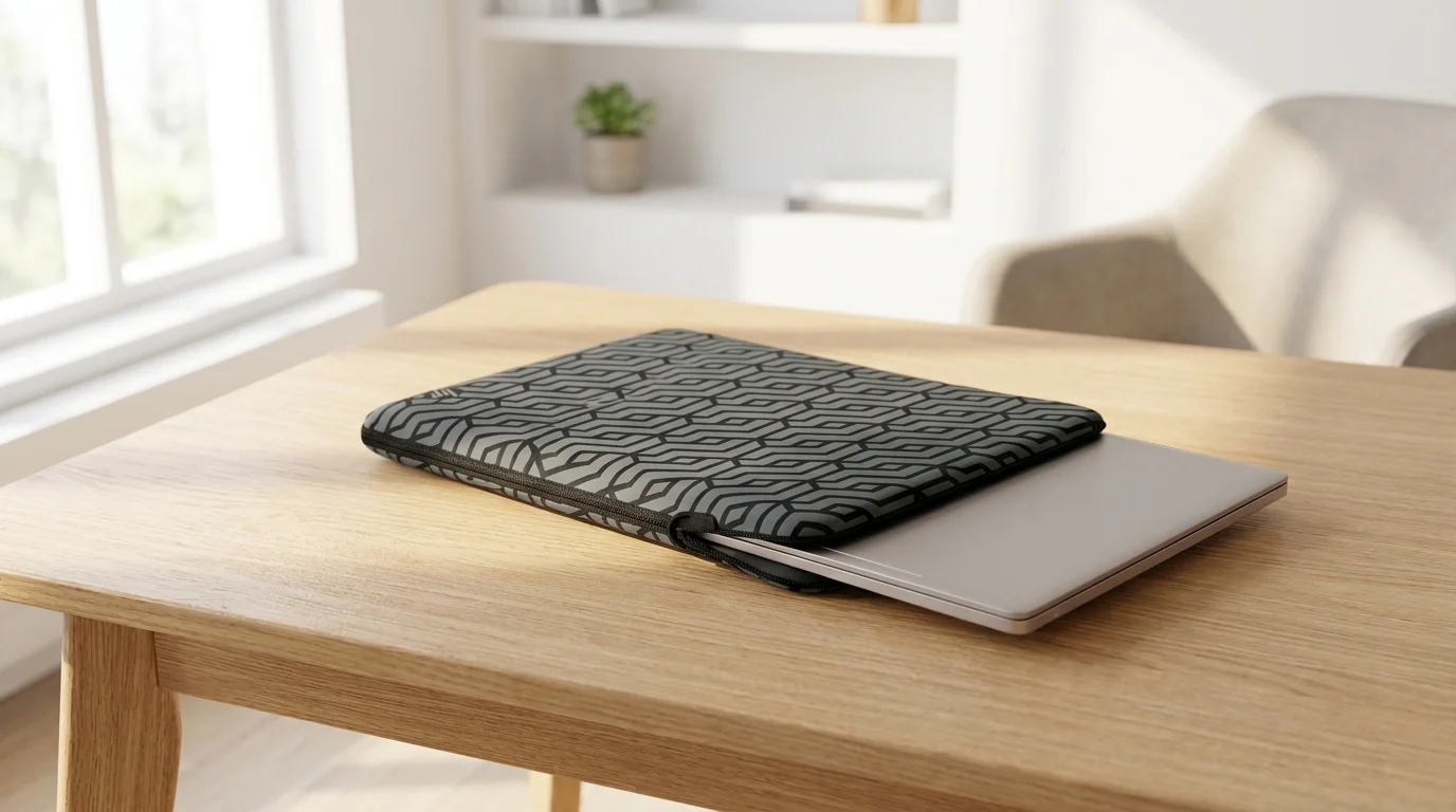 Stříbrný notebook částečně zasunutý do pouzdra HP s geometrickým vzorem na dřevěném stole.