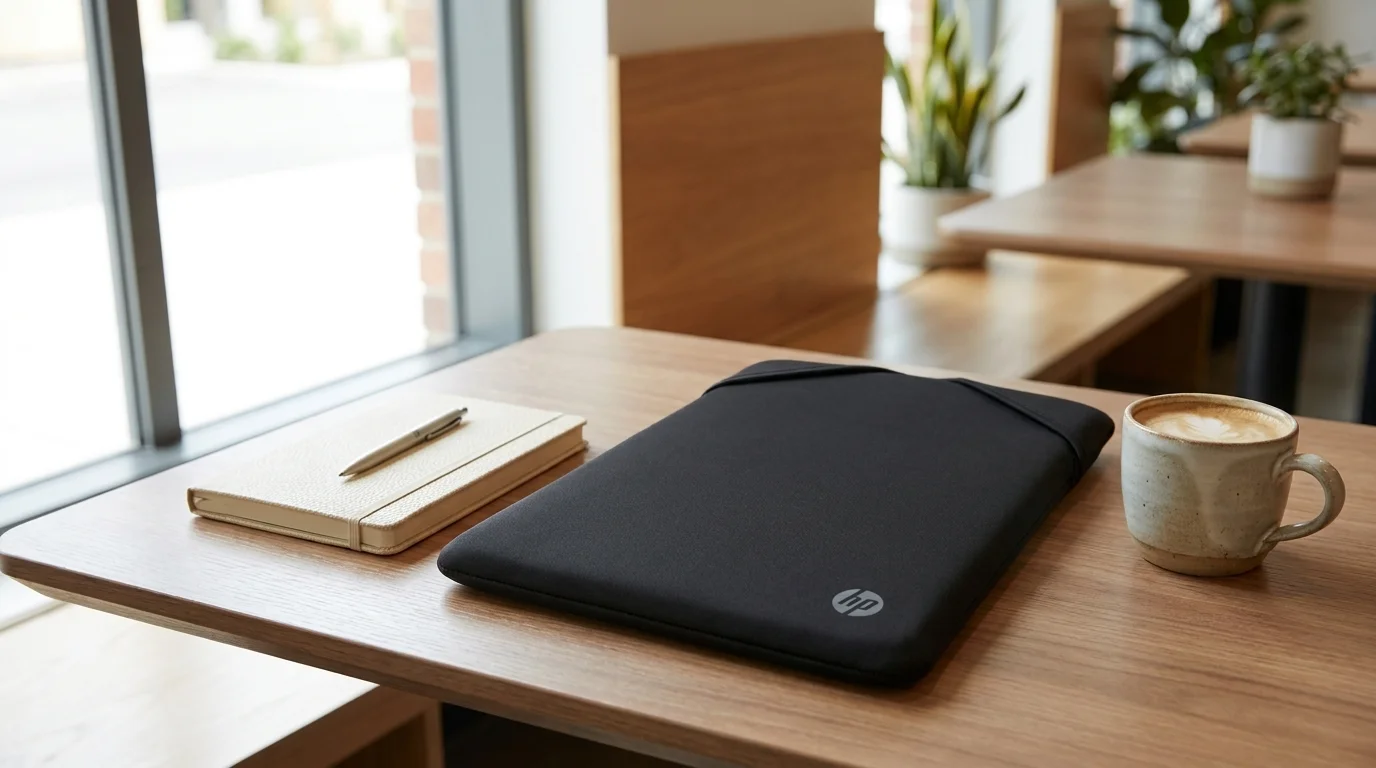 Černé pouzdro na notebook HP ležící na dřevěném stole vedle zápisníku a šálku kávy.