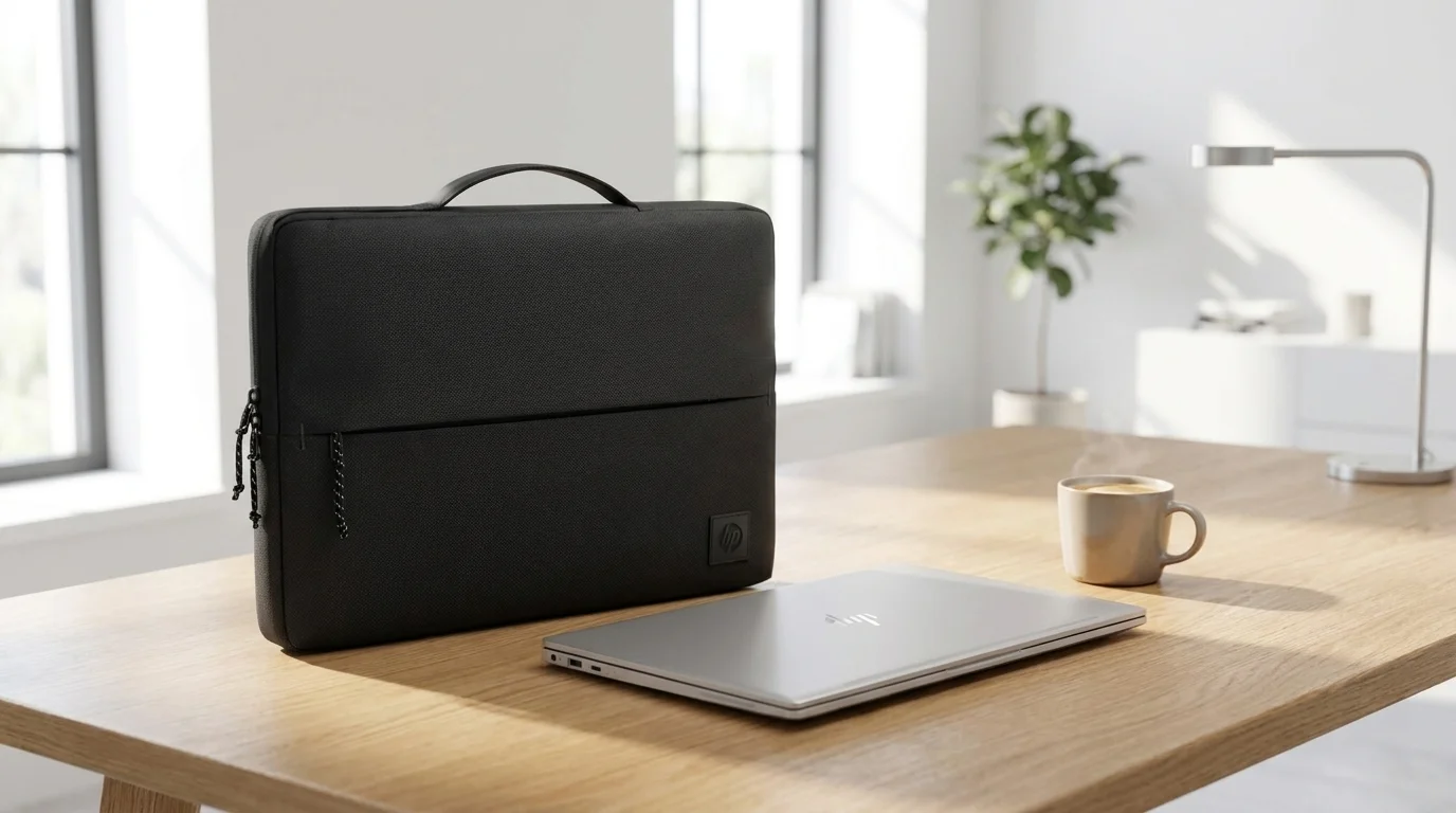 Černé pouzdro na notebook HP Sports 15,6" na dřevěném stole vedle zavřeného notebooku a šálku kávy.