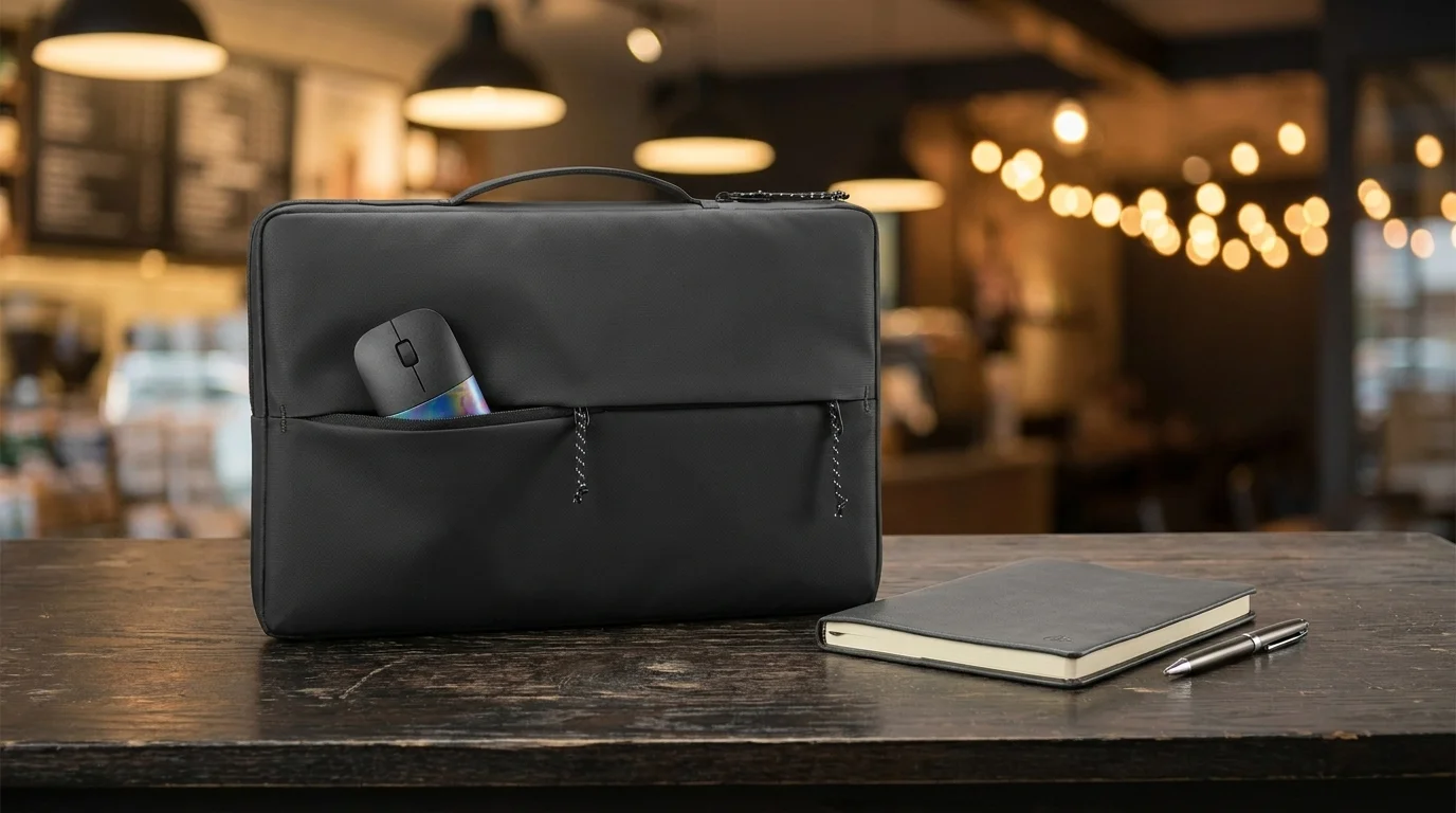 Černé pouzdro na notebook HP s počítačovou myší v přední kapse stojí na stole vedle zápisníku a pera.