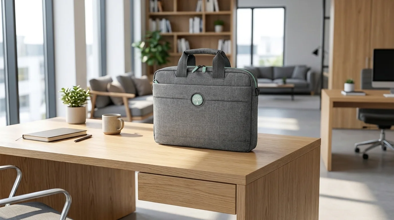 Sivá taška na notebook Port Designs Yosemite Eco umiestnená na drevenom stole v modernej kancelárii.