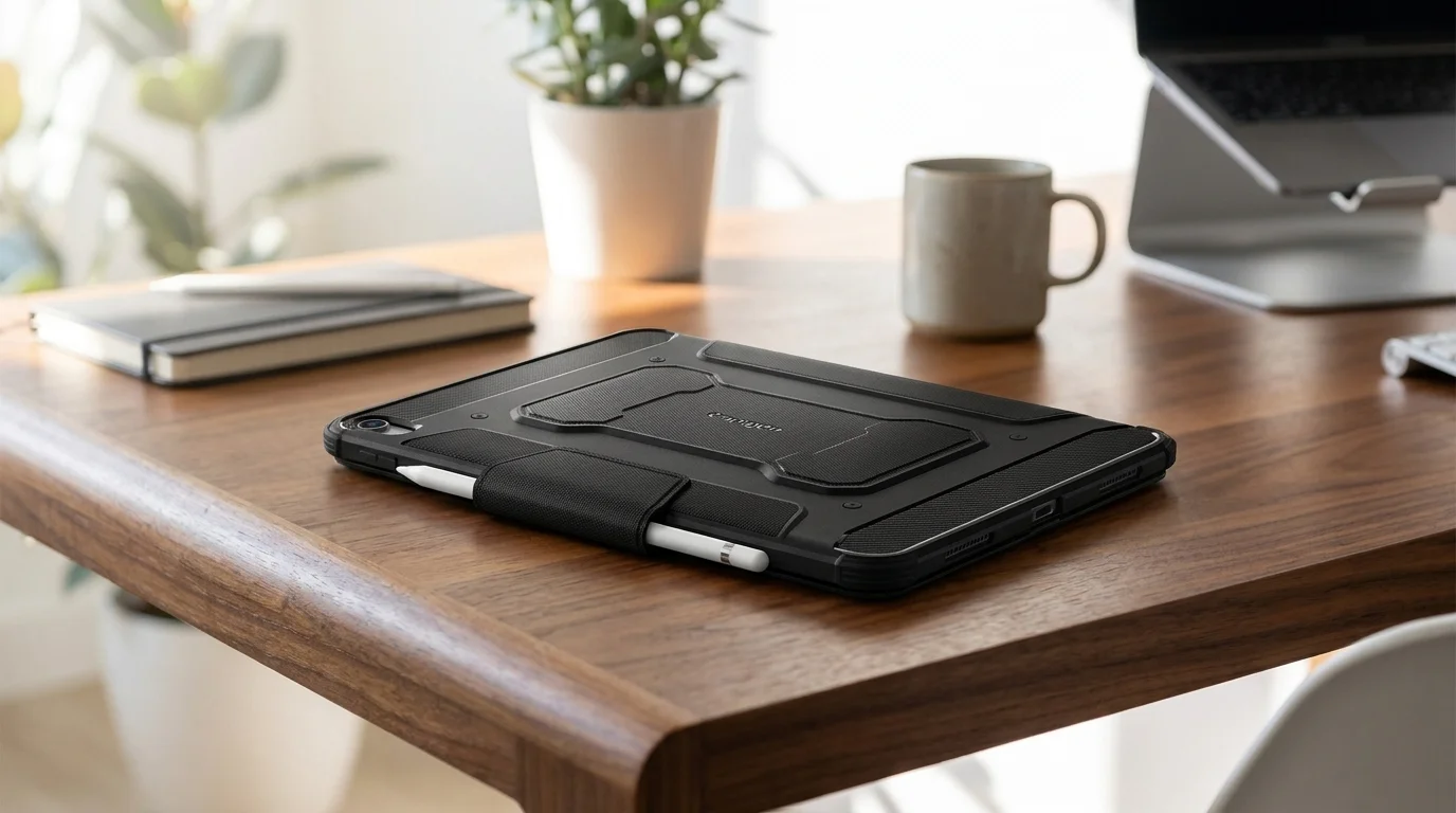 Černé pouzdro Spigen Rugged Armor Pro na tabletu se stylusem Apple Pencil ležící na dřevěném stole.