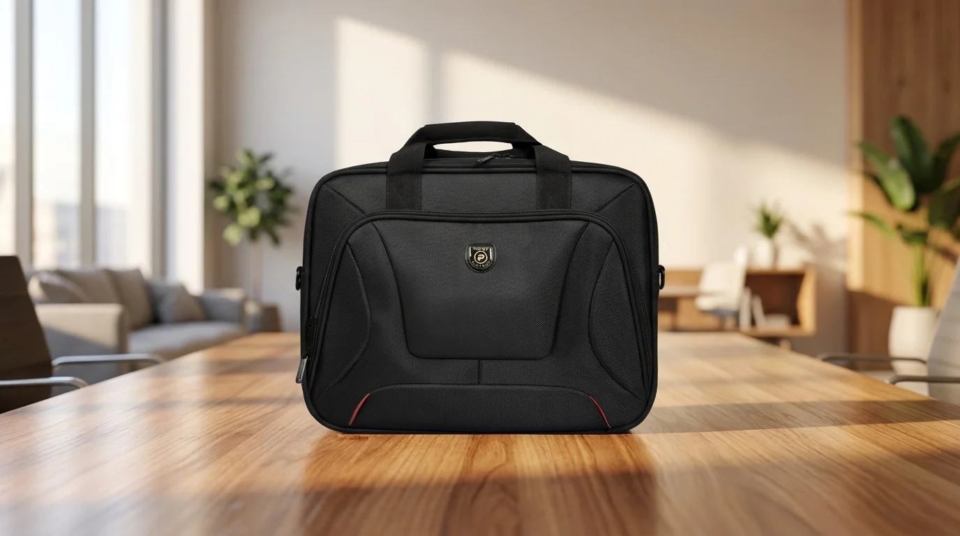 Černá brašna na notebook Port Designs Courchevel postavená na dřevěném stole v prosvětlené kanceláři.