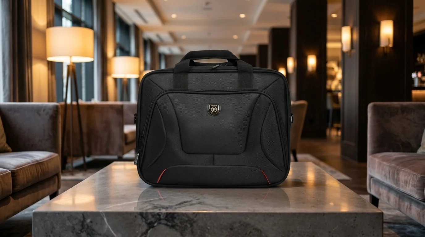 Černá brašna na notebook Port Designs Courchevel stojí na mramorovém stolku v elegantním salónku.