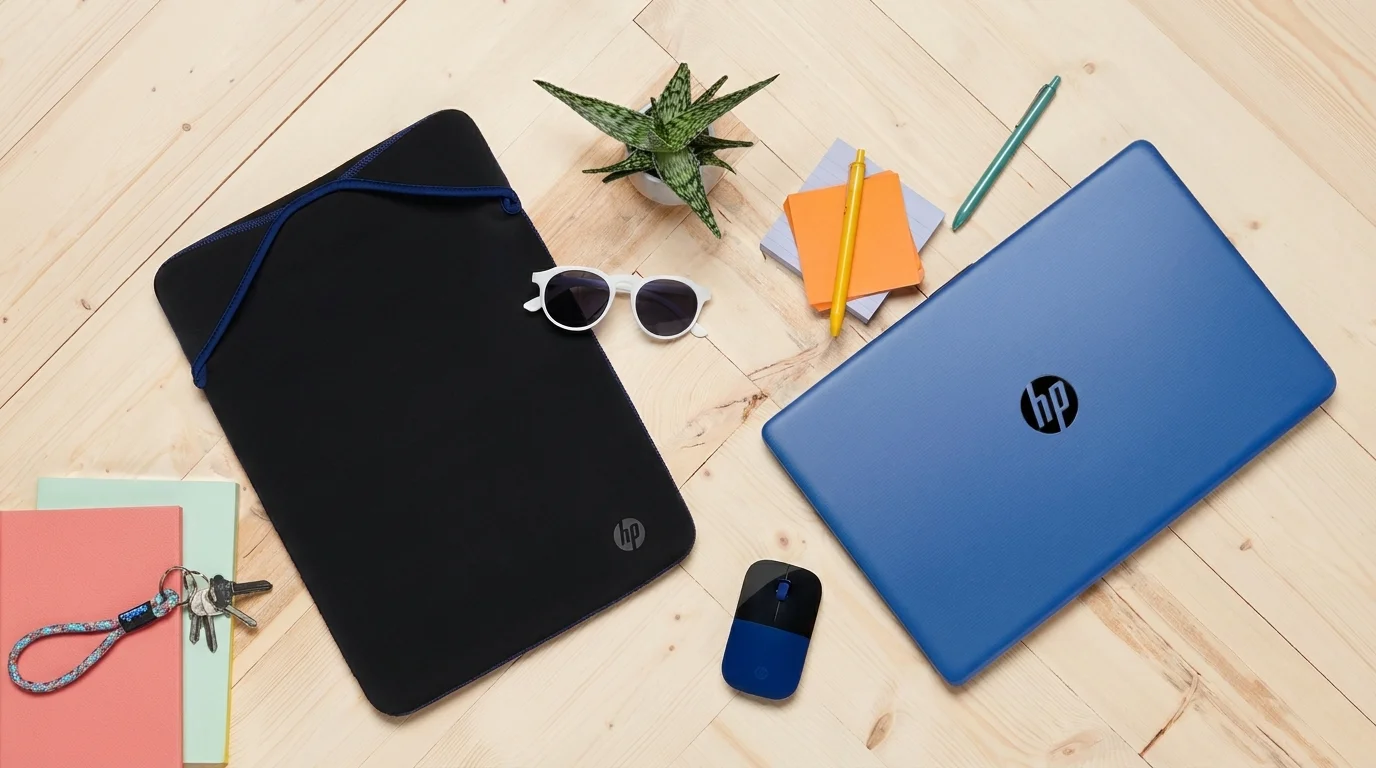 Černé pouzdro na notebook HP s modrým lemem položené na světlém dřevěném stole vedle modrého notebooku a myši.