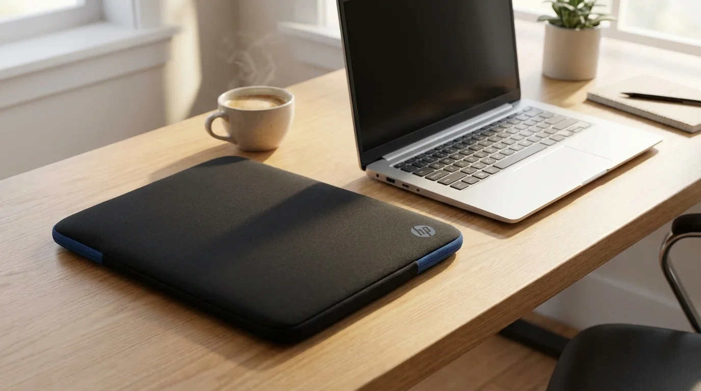 Černo-modré pouzdro na notebook HP položené na dřevěném stole vedle otevřeného notebooku a hrnku kávy.